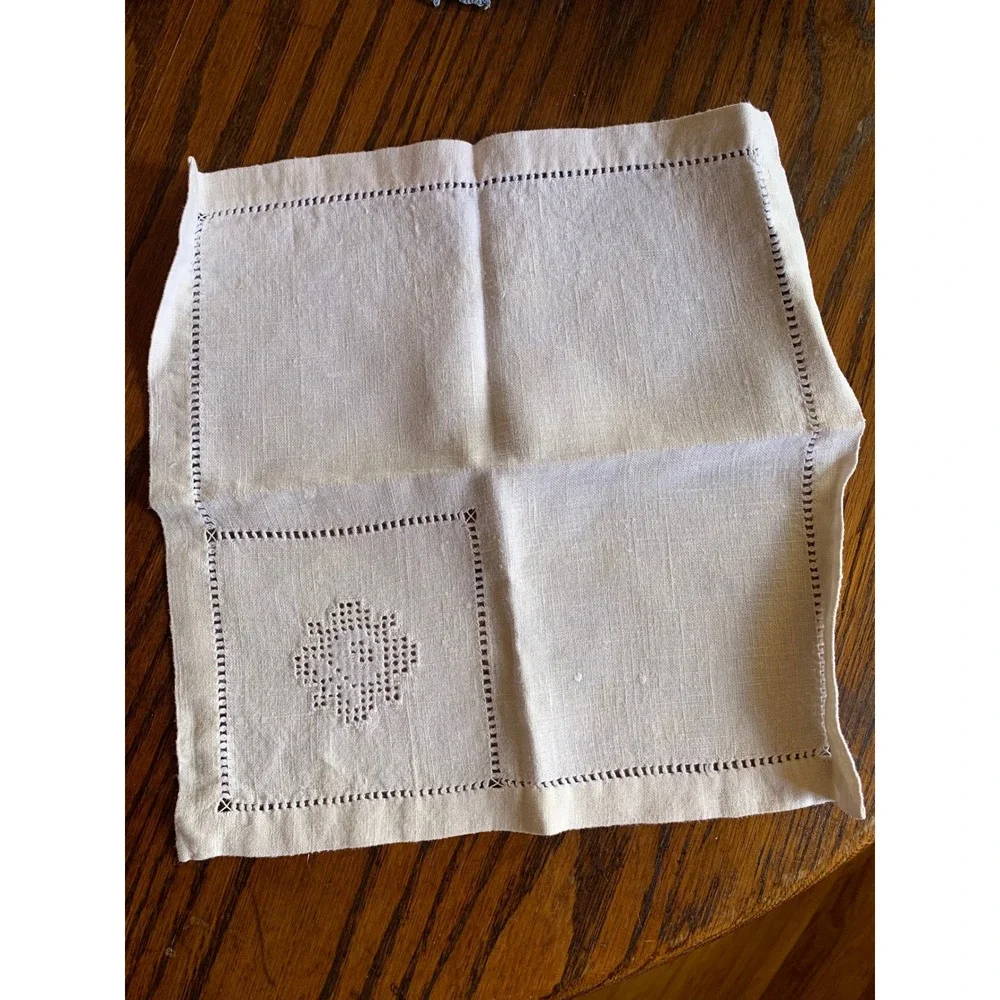 Vintage Hand Embroidered Linen Cocktail Napkins Set of 3 Cream Hemstitch Floral